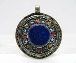 Beautiful Ornate Middle Eastern Sterling Silver Pendant w/Lapis Turquoise &amp; Coral