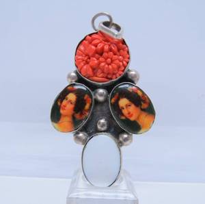 Large Sterling Silver Pendant w/Portraits &amp; Carved Coral Flowers