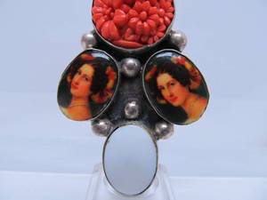 Large Sterling Silver Pendant w/Portraits &amp; Carved Coral Flowers