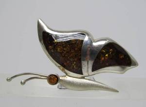 lot 8 image: Sterling Silver &amp Amber Butterfly Brooch