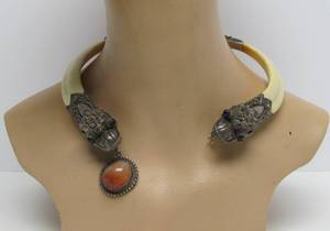 lot 10 image: Awesome Vintage Chinese Silver Dragon Necklace wBoar Tusks