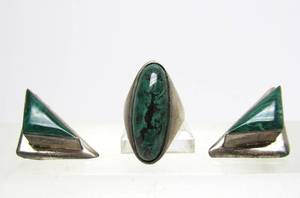 lot 24 image: Matching Sterling Silver &amp Malachite Ring &amp Earring Set