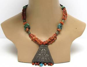 lot 30 image: Large Old Vintage Nepalese Silver Pendant Necklace w Antique Coral &amp Turquoise Beads