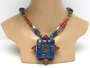 lot 42 image: Large &amp Elaborate Old Silver Lapis &amp Coral Pendant Necklace