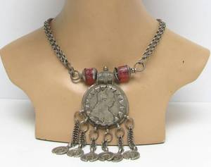 lot 55 image: Antique Bedouin Necklace wLarge Old Genuine Maria Theresa Thaler Silver Coin