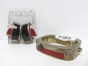 lot 63 image: Large Modernist Sterling Silver Red &amp Black Bracelet &amp Earring Set