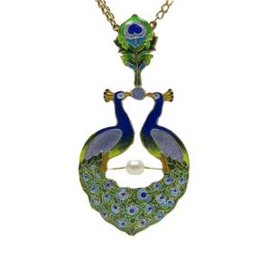 Gorgeous Gilt &amp; Enameled Sterling Silver Peacock Pendant Necklace w/Genuine Pearl