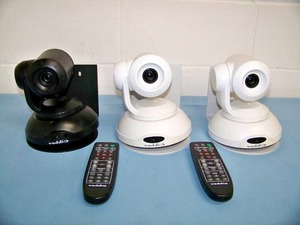 lot 78 image: (3) Vaddio ConferenceSHOT 10 PTZ Cameras (2 White, 1 Black) with (2) Remote Controls