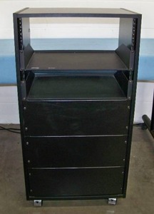 lot 91 image: AV Equipment Rack with Rack Rails, Shelves and Power Strip on Lockable Casters