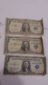 lot 13 image: 3- 1 Dollar Silver Certificates, 2-1957A (1-asis), 1953D