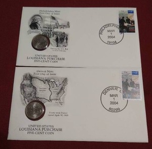 lot 2 image: (2) 2004 Louisiana Purchase Nickel 1st Day Covers - P & D