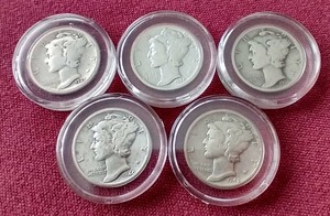 lot 10 image: (5) Mercury Dimes