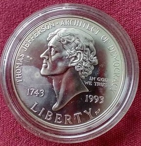 lot 21 image: 1993 Commemorative Jefferson Silver Dollar