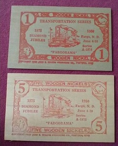 lot 57 image: (2) Neat 1950 Fargorama Wooden Nickels