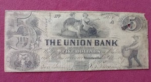1857 Union Bank of Sullivan County, Monticello, New York $5 Note - Wow!