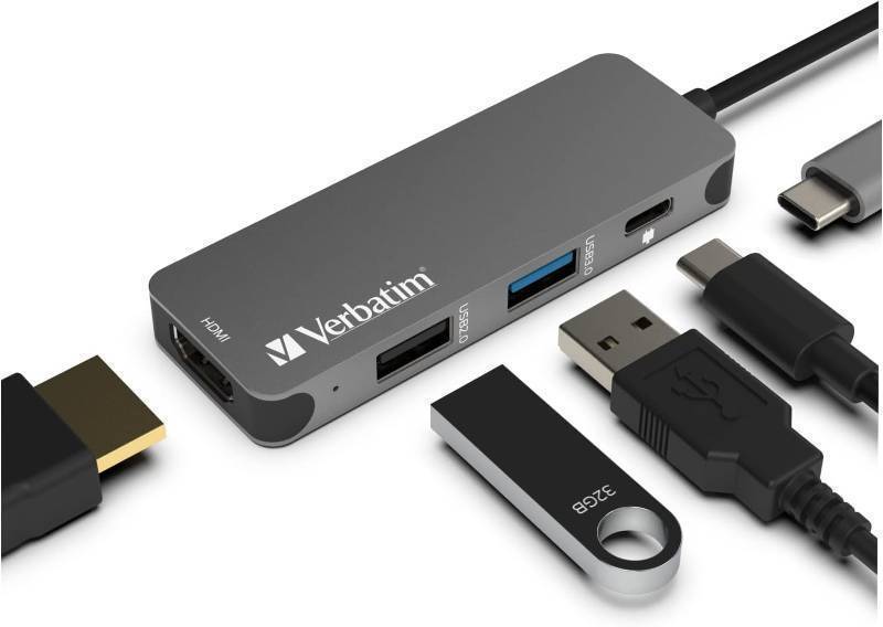lot 810 image: Verbatim 4-in-1 USB C Hub Adapter with Dongle - 60W Power Delivery, USB 3.0, USB 2.0 for USB C Laptops