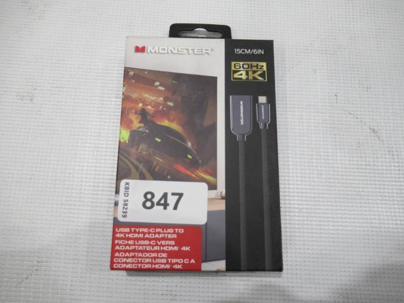 lot 847 image: NEW Monster Classic USB Type-C to 4K HDMI Adapter Video Cable (4k 30Hz) 6 Inch