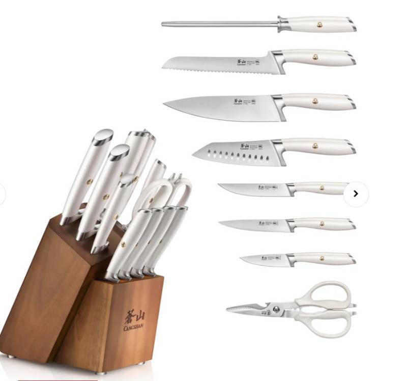 lot 225 image: Cangshan L1 Series 12-Piece Knife Block Set with 4 Steak Knives, Forged German Steel - WHITE - Cracked Handles