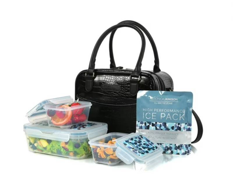 lot 220 image: NEW Veronica Jamison Hampton Faux Leather Lunch Tote by Arctic Zone, Lunch Bag with Food Storage & Ice Pack - Black Croc