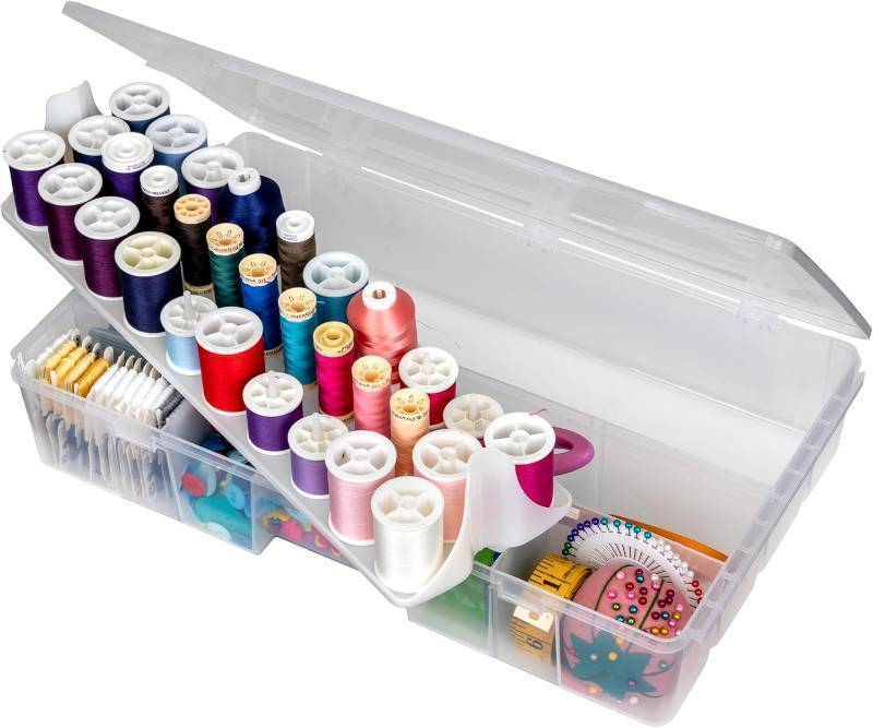 lot 344 image: NEW ArtBin 7003AB Sew-Lutions Sewing Supply Storage System with Lift-Out Thread Spool Tray, 1 Plastic Storage Case, Clear