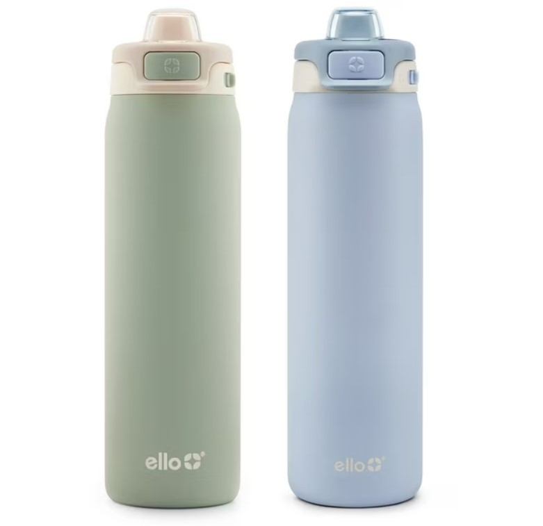 lot 400 image: NEW Ello Pop & Fill 22oz. Stainless Steel Water Bottle with Leak Proof Locking Lid, 2-Pack PistachioBlue Dream