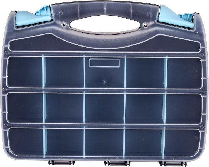 lot 409 image: NEW ArtBin 6877AG Double-Sided Quick View Carrying Case, Portable Art & Craft Organizer with Removable Dividers, 1 Plastic Storage Case, BlackAqua with Clear Lid