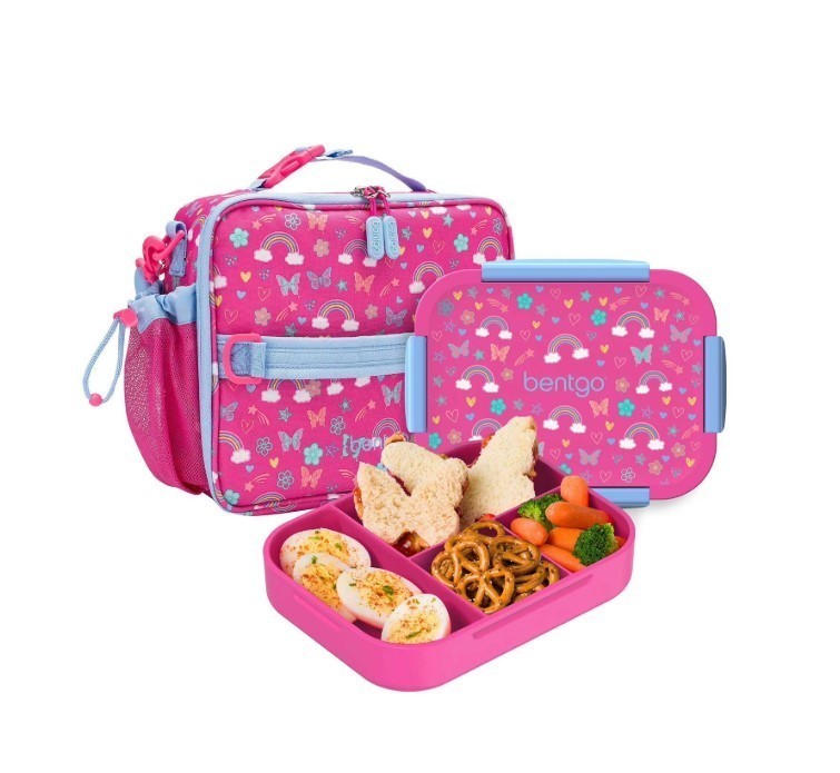 lot 383 image: NEW Bentgo 2-Piece Kids Snap & Go Lunch Set Leak-Proof Lunch Box & Deluxe Insulated Lunch Bag - Rainbows and Butterflies