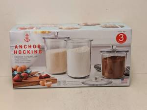 lot 92 image: NEW ANCHOR HOCKING GOODE SUNDRY JAR 3PK.