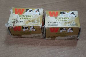 lot 322 image: 40 WPA Military Classic 7.62 x 39mm 124 Gr FMJ Steel Case Ammo