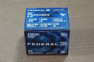 lot 414 image: 25 Federal Game Load .410 Bore 3 6 Shot Shotshells