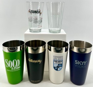 lot 122 image: Liquor Brand Tumblers & Glass Set - SoCo & Lime, Tuaca, Finlandia, Skyy - 3 sets of each - NIB