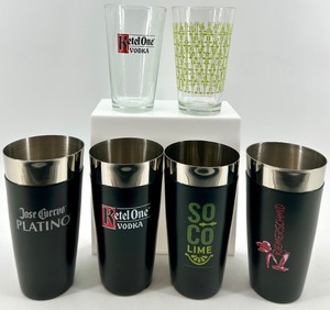 lot 126 image: Branded Stainless Steel Tumblers & Tall Etched Glass - 3 sets of each - NIB