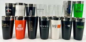lot 137 image: 12 Logo Stainless Steel Tumblers & 3 Branded Glasses- NIB