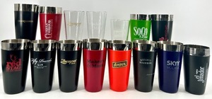 lot 140 image: 12 Branded Insulated Tumblers and 3 Clear glasses - Assorted Liquor Logos - NIB