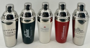 lot 142 image: Cocktail Shaker Set - Stainless Steel Bar Shakers with Brand Logos - 3 sets of each - NIB