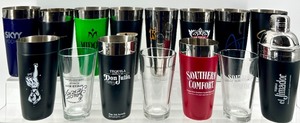 lot 151 image: Insulated Tumbler Set - Assorted Liquor Brand Logos- New - 15 Total