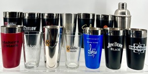 lot 152 image: Branded Stainless Steel Tumblers & Cocktail Shaker - Assorted Liquor Logos- 15 Total - New