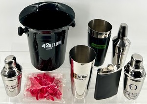 lot 153 image: Branded Cocktail Shaker Set with Makers Mark, Ketel One Oranje, and Oceania Cruises (plus assorted branded barware)- 2 of each - New