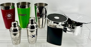 lot 154 image: Barware Lot - Campari Tumbler, DeKuyper Tumbler, Celebrity X Shaker, and Flask - 2 of each - New