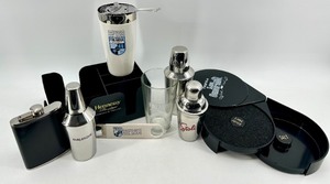 lot 157 image: Barware Set - Stainless Steel Cocktail Shakers & Branded Accessories- 2 of each- New