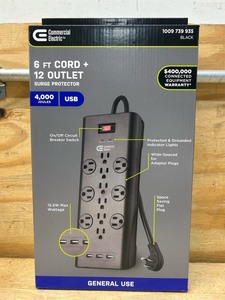 lot 44 image: Commercial Electric 6 FT Cord  12 Outlet Surge Protector.