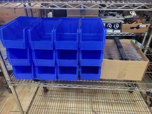 lot 14AD image: Set of 9 Akro-Mils AkroBins Blue Plastic Storage Bins with Clear Lids