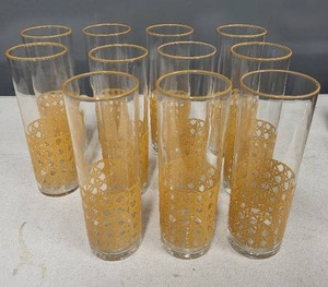 lot 1SC image: Set of 11 MCM Highball Glasses with LIBBEY CANE Yellow Woven Pattern