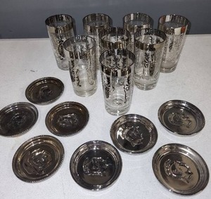 lot 2SC image: Set of 8 Silver Overlay Highball Glasses with 8 Silver Roman Motif Coasters