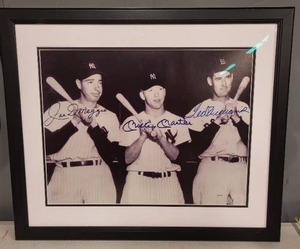 lot 22SC image: Framed Joe DiMaggio, Mickey Mantle, Ted Williams Photo 45333 COA not guaranteed