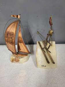 lot 59SC image: Pair of Signed Mid-Century Metal Sculptures Sailboat and Skier on Stone Base