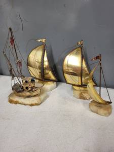 lot 61SC image: Signed DeMott Brass Sailboat and Fishing Boat Sculptures on Stone Bases