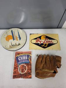 lot 66SC image: Vintage Collectibles Group 1939 NY Worlds Fair Tin, Hy-Line Metal Sign, 1946 Cubs Program, Rawlings Glove