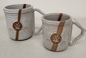 lot 7L image: Set of 2 Handmade Stoneware Coffee Mugs with Brown Stripe