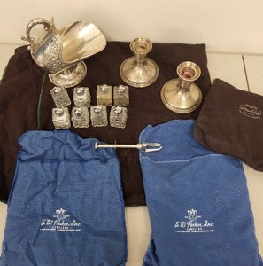 lot 10L image: Vintage Sterling Silver Empire Candlesticks and Silver Plated Tableware Set